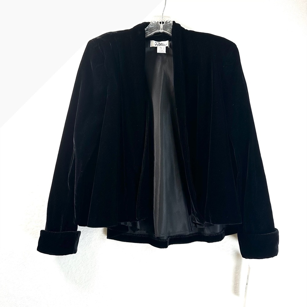 Patra Black Velvet Open Front Evening Jacket Cuffed Sleeves Made in USA Size L